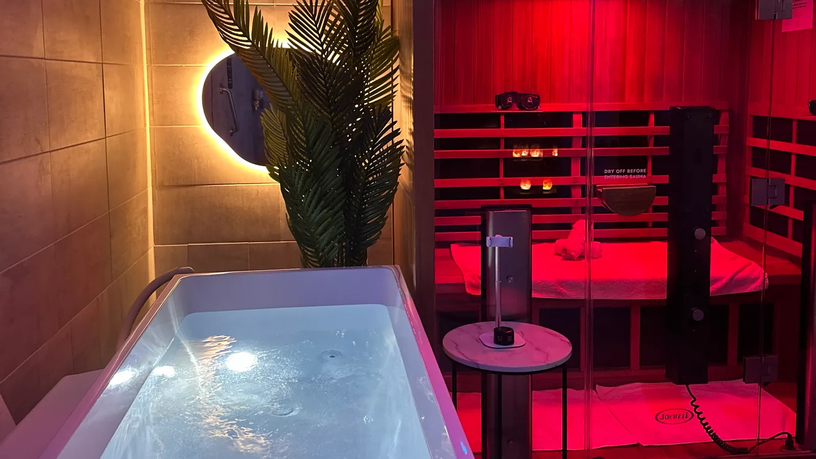 The small Fire & Ice suite at SoliVana: infrared sauna alongside the cold plunge